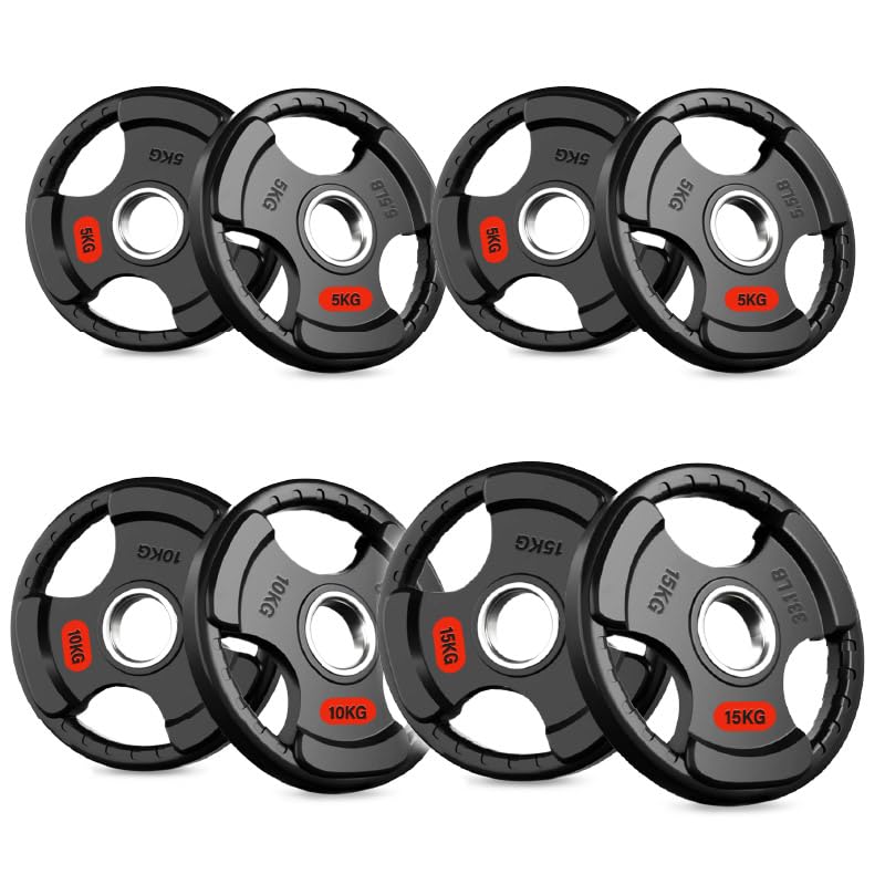 Tri Grip Olympic Weight Plates, 2-Inch (50mm) Cast Iron Barbell Discs for Home Gym Strength Training, Pairs and Sets 1.25kg to 250kg (70 kg - Set)