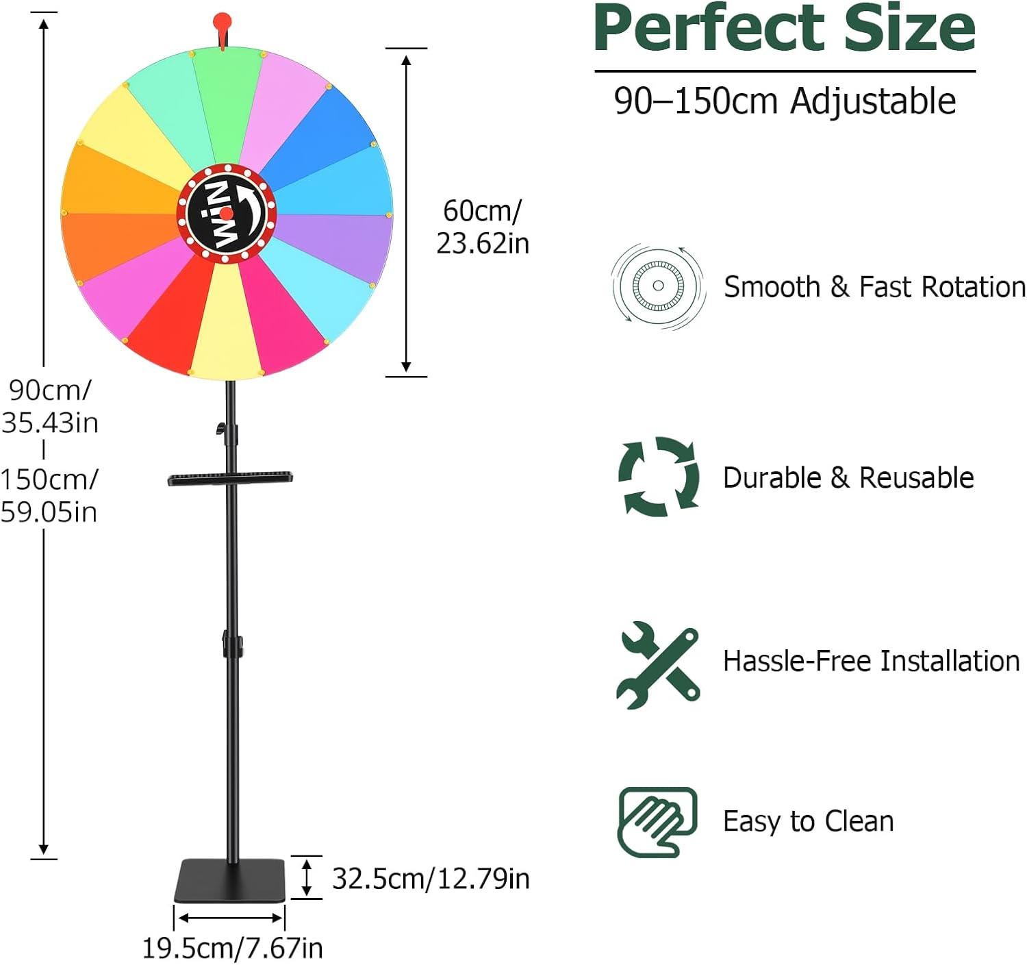 24-inch Prize Wheel Storable Game Spinner with Adjustable Height Stand 35"-59", 14 Colors Spinning Wheel for Party Events Carnivals Shows Offices and Schools, Perfect for Decision Making and Rewards