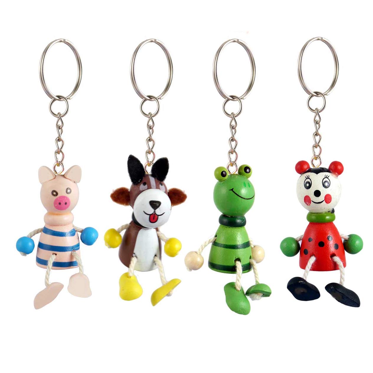 HENBRANDT Wooden 3D Novelty Animal Keyrings Set of 4 (Pig Horse Frog Ladybird)