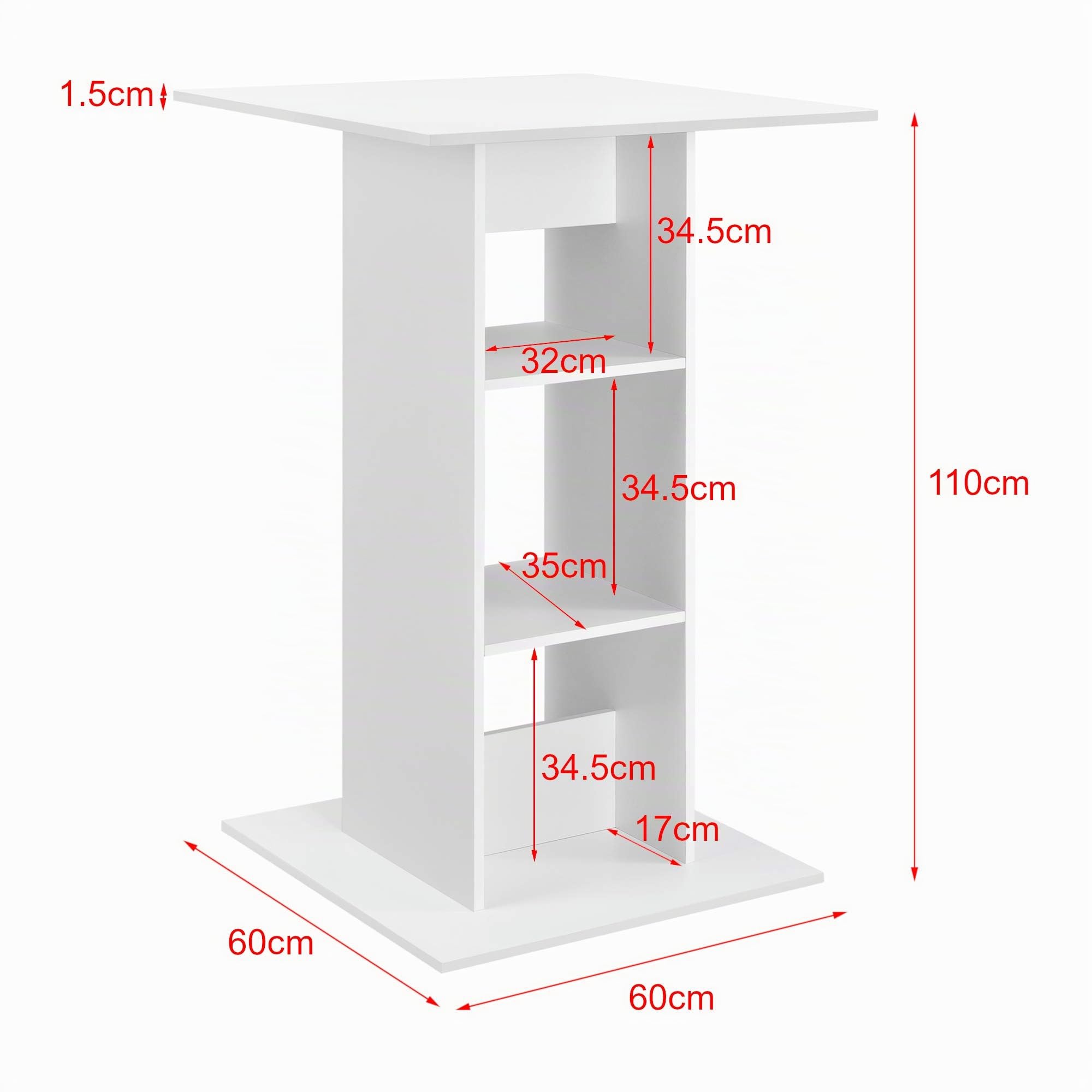 [en.casa] Tavolo Alto da Bar a 3 Ripiani Portabottiglie Tavolo Bistrot da Cocktail con Piano Quadrato per Sala da Pranzo Cucina Cucinotto 70x70x110 cm - Bianco