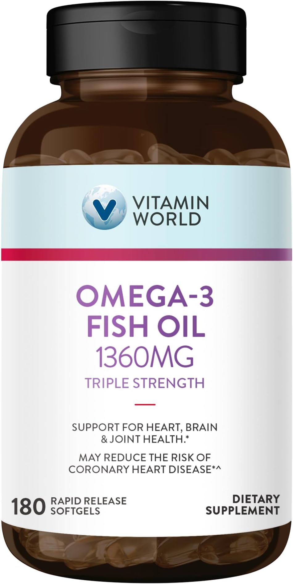 Vitamin WorldTriple Strength Omega-3 Fish Oil 1360 mg 180 softgels, 950 Active Omega-3, Heart Health, Cardio Support, Rapid-Release, Gluten Free