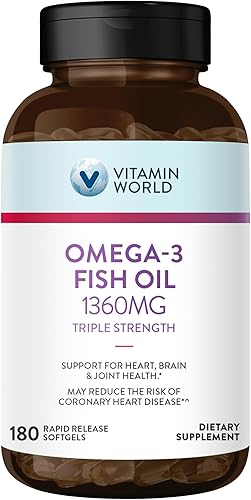 Vitamin World Suplemento de aceite de pescado Omega 3 Triple Strength de 1360 mg, 950 mg de ácidos grasos omega-3 activos con EPA y DHA, apoya