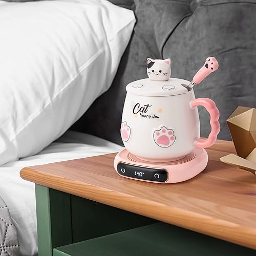 Miniatura 2 de Bgbg - Juego de calentador de taza de café y linda taza de gato, calentador de tazas de bebidas para escritorio, oficina en casa con tres