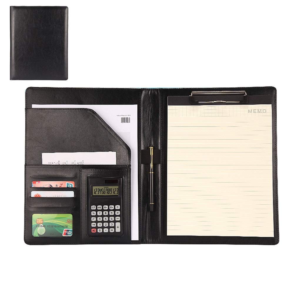 Carpeta de conferencias, multifunción, con calculadora, profesional, para entrevistas, currículum, organizador de archivos, bolsa de documentos de negocios (negro, 320 x 248 mm)