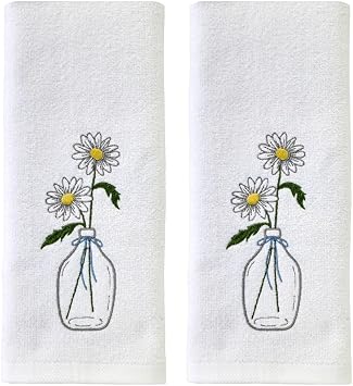 SKL Home Daisies in Vase 100% Cotton Embroidered 2pc Hand Towel Set, Decorative for Bath/Kitchen/Bar & Gift, Optic White