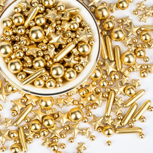 Image of Edible Gold Pearl Star Rod Sprinkles 130g,Luxury Metallic Gold Confetti for Cake Decorating,for Wedding Christmas New Year Anniversary Bridal Shower Birthday Party Dessert Toppings