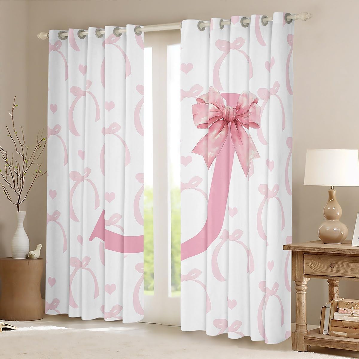 Pink Bow Blackout Curtain Cute Cartoon Bowknot Girly Window Drapes, Kawaii Bow Tie Letter J Window Treatments, Kids Girls Princess Room Decor, Grommet Top 2 Panel Set Bedroom Curtains, 38Wx45L inch