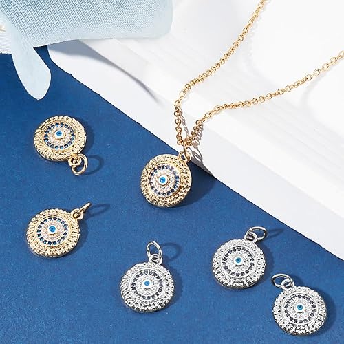 Miniatura 25 de Beebeecraft 5Pcs/Box Evil Eye Charms 18K Gold Plated Brass Flat Round with Blue Cubic Zirconia Turkish Evil Eye Pendants Jewelry Making Findings for