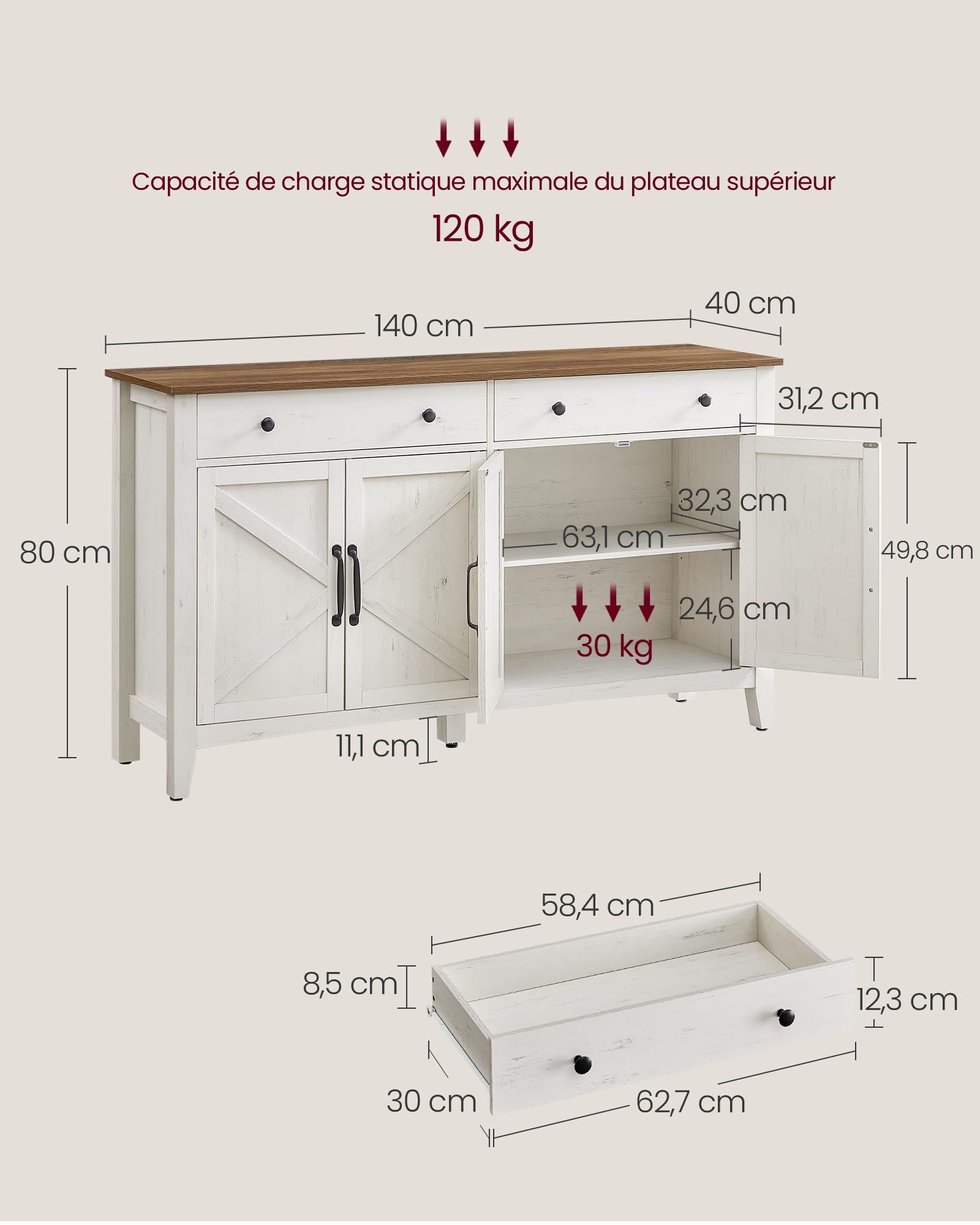 VASAGLE Buffet, Meuble de Rangement avec Tiroir, Meuble de Cuisine, avec Portes, Étagère Réglable, Style Campagne, pour Salon, 40 x 140 x 80 cm, Blanc Rustique et Marron Miel BBK381W02