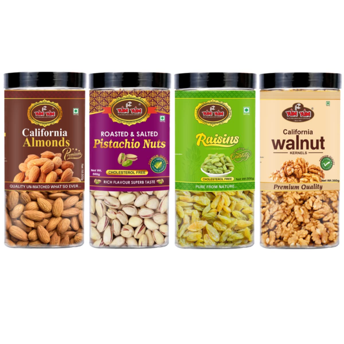 Yum Yum Premium Dry Fruits Combo Pack Of 4 | California Almonds 500G,Roasted Salted Pistachios 500G,Raisins 500G, Walnut Kernels 350G| Total 1850G |Badam, Pista,Kismis Akhrot Giri Combo (B09J4V22D1) Amazon Price History, Amazon Price Tracker