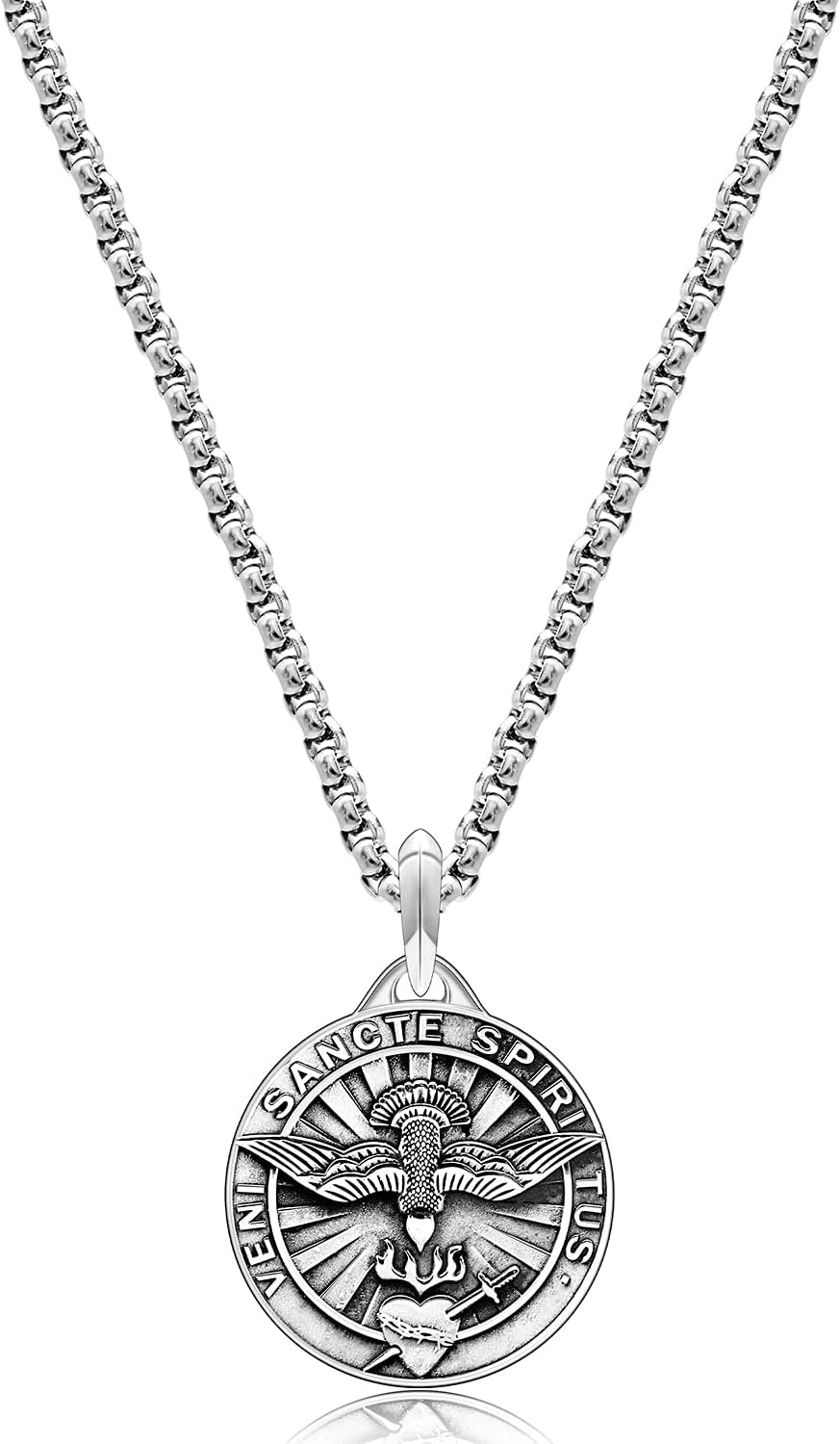 VENICEBEE® Best Holy Spirit Dove Veni Sancte Spiritus Christian Sacramental Sacred Heart Jesus Love, Solid 925 Sterling Silver Pendant Necklace + Velvet Pouch, Polishing Cloth, Fine Gift Box
