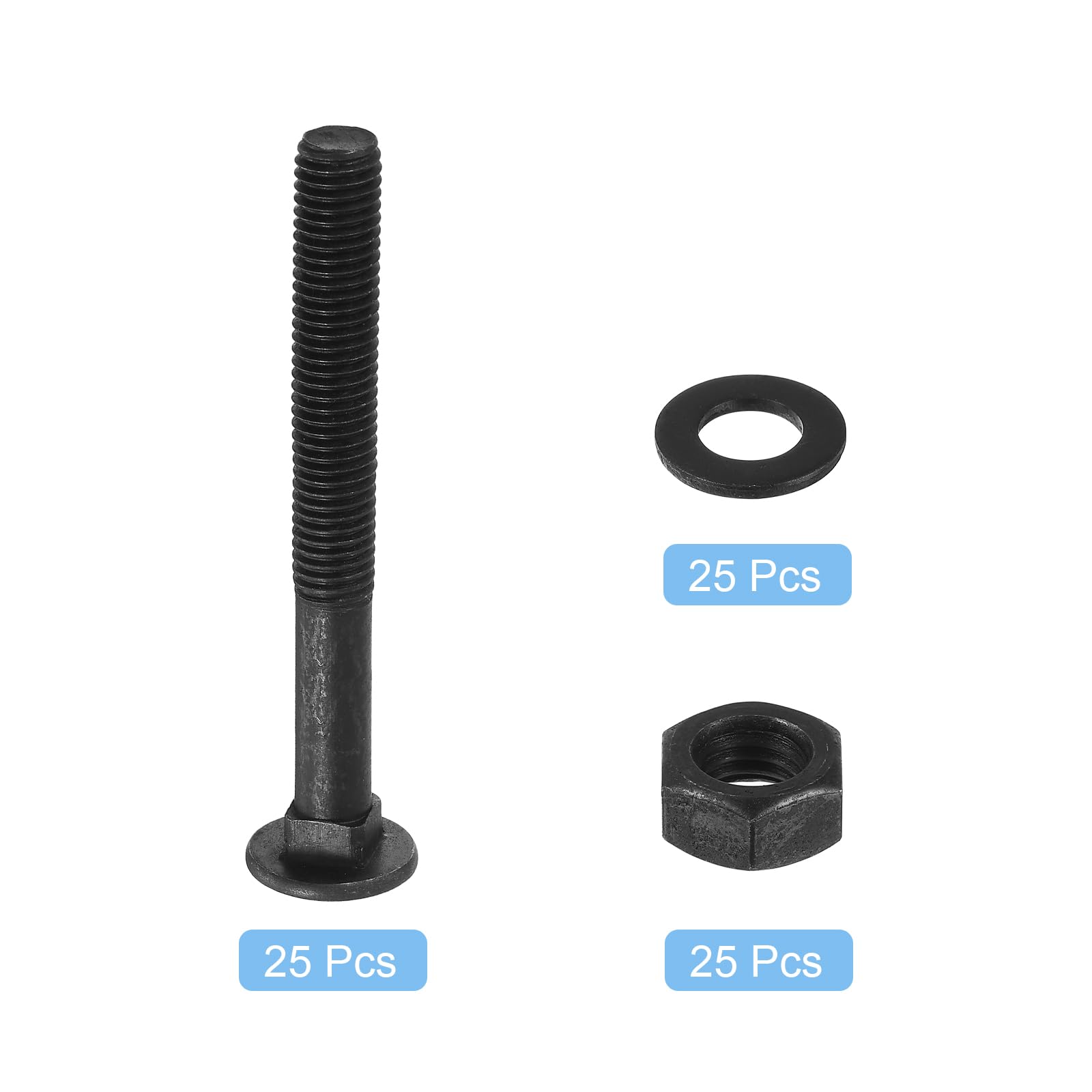 QUARKZMAN Kit Bullone Carrozza M10 x 85mm, 25 Set Viti Testa Rotonda Collo Quadrato, Set Viti Carrozza Include Rondelle e Dadi - Acciaio Carbonio Nero Ossidato per Fissaggio Accessori