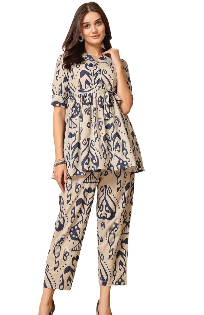 Women's Beige & Navy Abstract Print Peplum Top with Pants Co-Ord Set-image-8