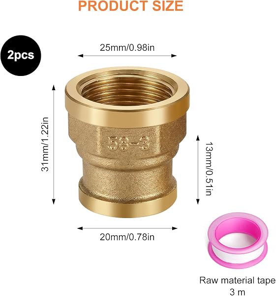 Reductor de 2 Piezas de 3/4 a 1/2 con Rosca Hembra y Cinta de Sellado de PTFE 3/4-inch to 1/2-inch Adapter para Tuberías de Agua Calefacción Agua Potable Depósitos y Conexiones de Fontanería - 2