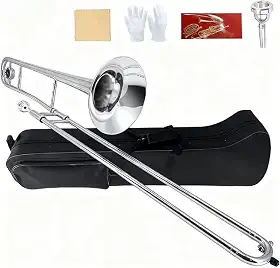 Trombone Bb Tenor Slide B Flat Gold Brass Plated Trombone para iniciantes e adultos com estojo de transporte de bocal luvas brancas pano de limpeza (prata)