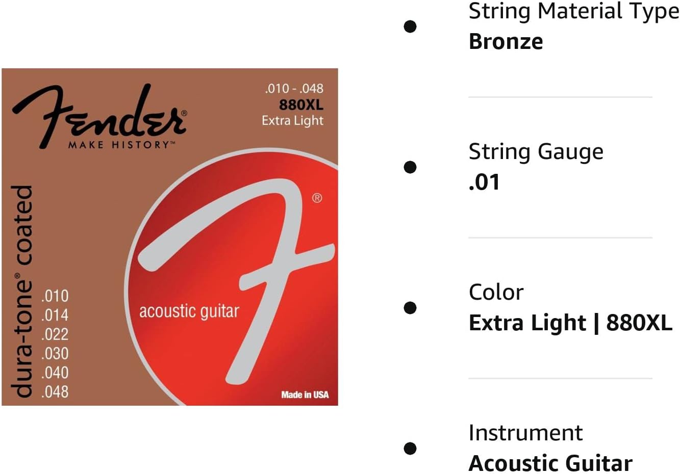 Fender Dura-Tone Coated 80/20 Bronze Acoustic Guitar Strings, 880XL .010-.048