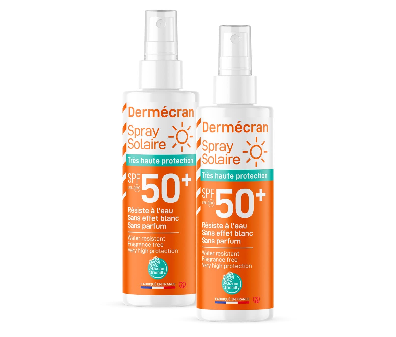 Lot de 2 - Dermécran - Spray solaire SPF50+ - Visage et corps - Formule Ocean Friendly - Résiste à l'eau - Pour toute la famille dès 3 ans - Fabriquée en France - Spray de 200 ml