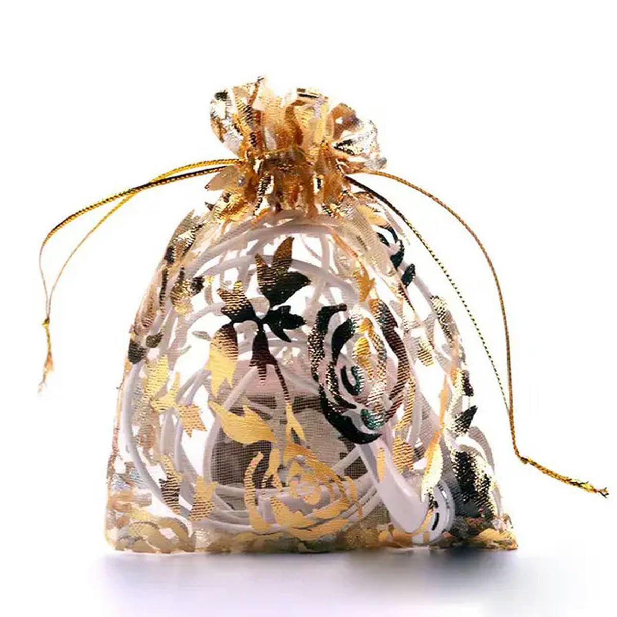25 sztuk Kolorowy Złoty Kolor Róża Przezroczysty Pakiet Woreczek Ściągany Saszetka Organza Craft Torba na Biżuterię Ślubna Impreza Koraliki Pakowanie