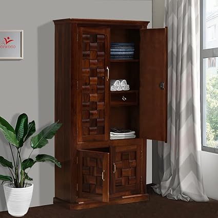 ROOFWOOD Solid Sheesham Wood Furniture 4 Door Almirah | Bedroom Wardrobes | Cabinet with Storage of 4 Shelves and 2 Drawers, Pre-Assembled (Honey Finish 2)