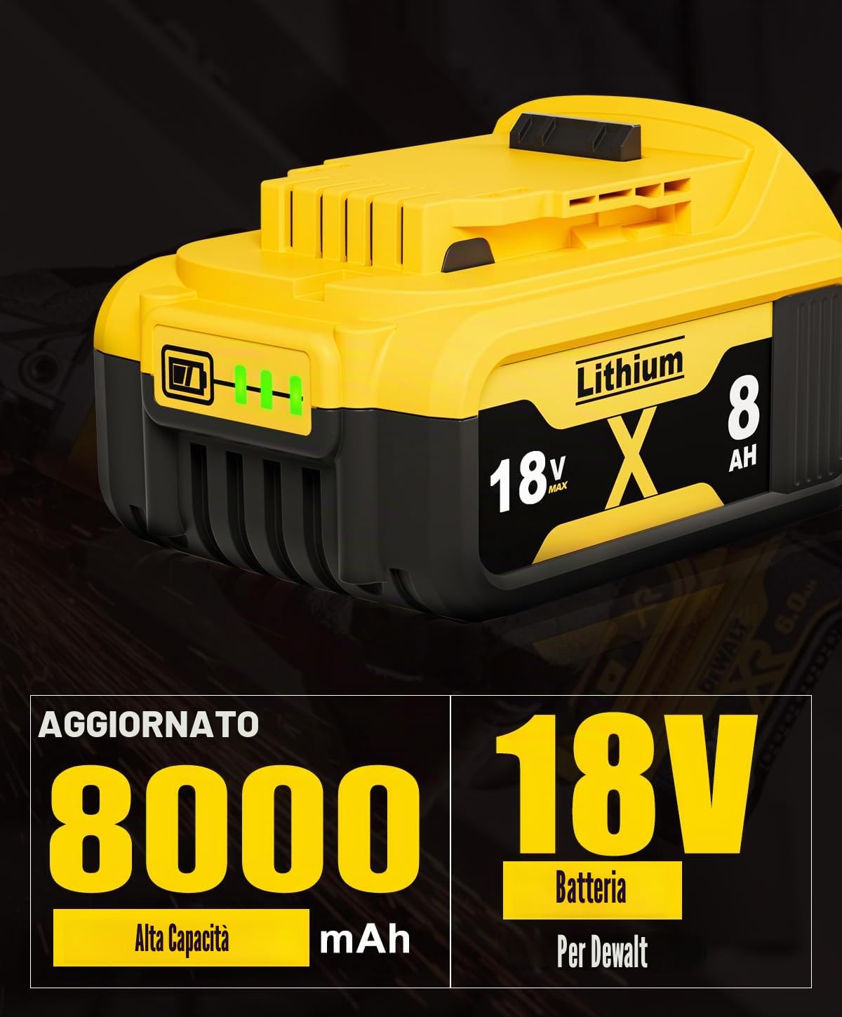 2 Pezzi 8.0Ah/8000mAh DCB182 Batteria di Ricambio per Dewalt 18V, Sostituzione per Batterie Dewalt DCB200 DCB184 DCB107 DCB101 DCB112 DCB203 DCB115 DCB105 DCB182 con LED Batteria per Utensili