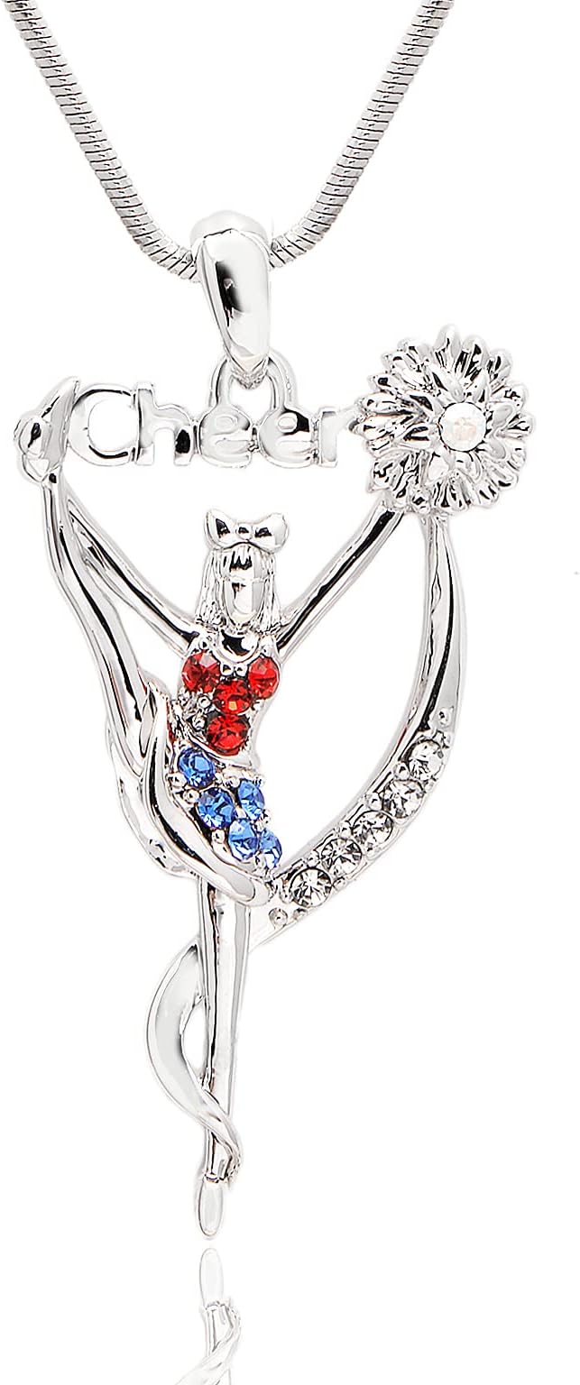 Silver Plated Crystal Cheerleader Charm Necklace