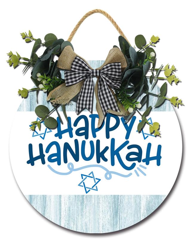 Geroclonup Festive Sign Happy Hanukkah Wooden Sign Hanukkah Wreaths Hanging Wooden Plaque Decoration Rustic Round Wood Farmhouse Porch Decor for Home Front Door Decor 28cm