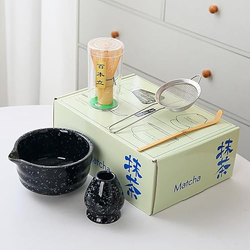 Miniatura 2 de Juego de ceremonia de té matcha japonés, tazón de cerámica con puntos negros, soporte para batidor de bambú, soporte para colador, caja de regalo