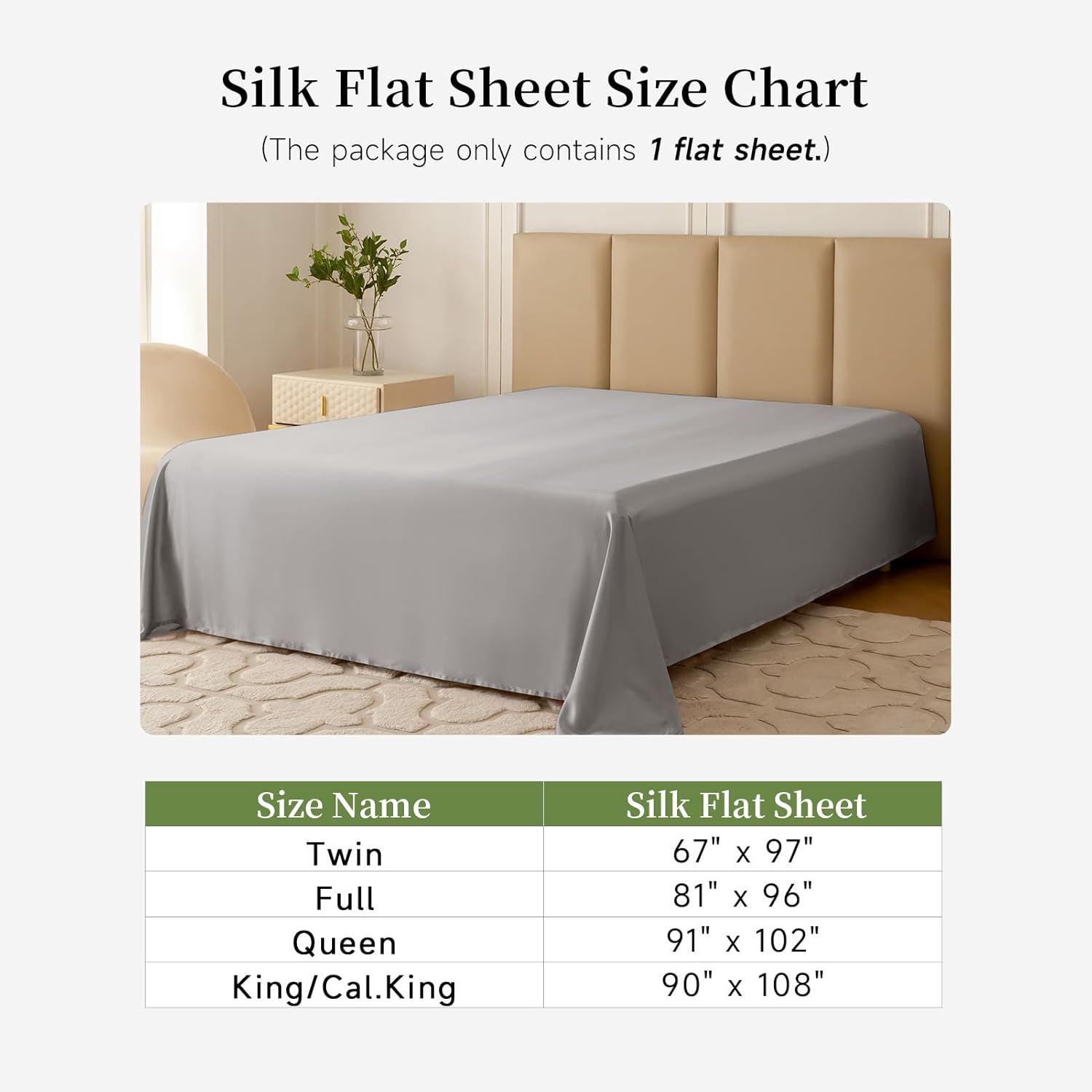 THXSILK 22 Momme 1 Pcs Silk Flat Sheet, 100% Top Grade Pure Mulberry Silk Bed Sheet Breathable Cooling Ultra Soft Bedding Durable (Queen, Grey)