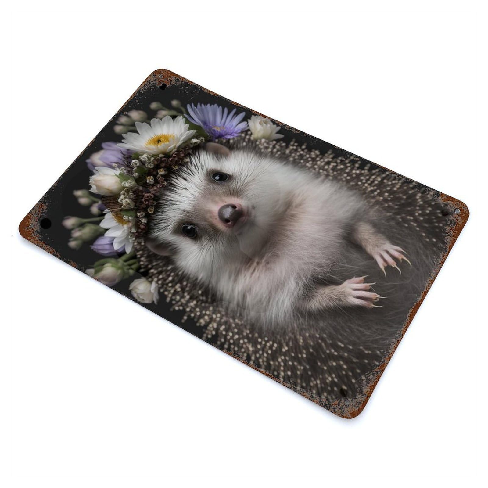 Distressed Metal Wall Sign with Baby Fluffy Hedgehog Design 11.8"x7.9", for Shed, Workshop And Garage Wall Decor, Decorative Metal Wall Art