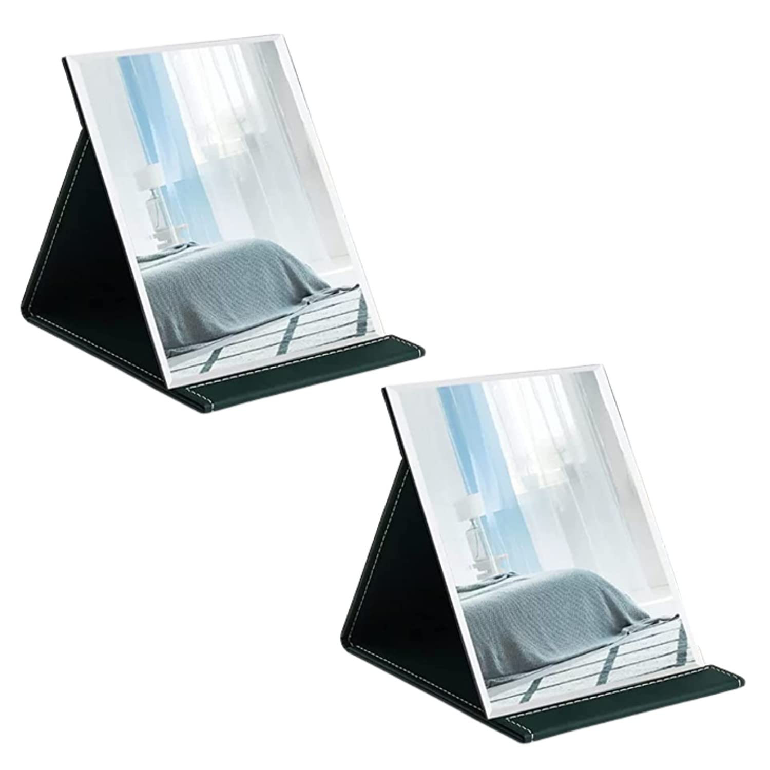 Portable Folding Vanity Makeup Mirror, Slim PU Leather Folding Makeup Tabletop Travel Cosmetic Mirror with Standing (Pack of 2)-image-28