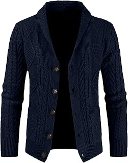 Mens Classic Casual Long Sleeve Shawl Collar Buttons Down Cable Knit Cardigan Sweater for Men with Pockets