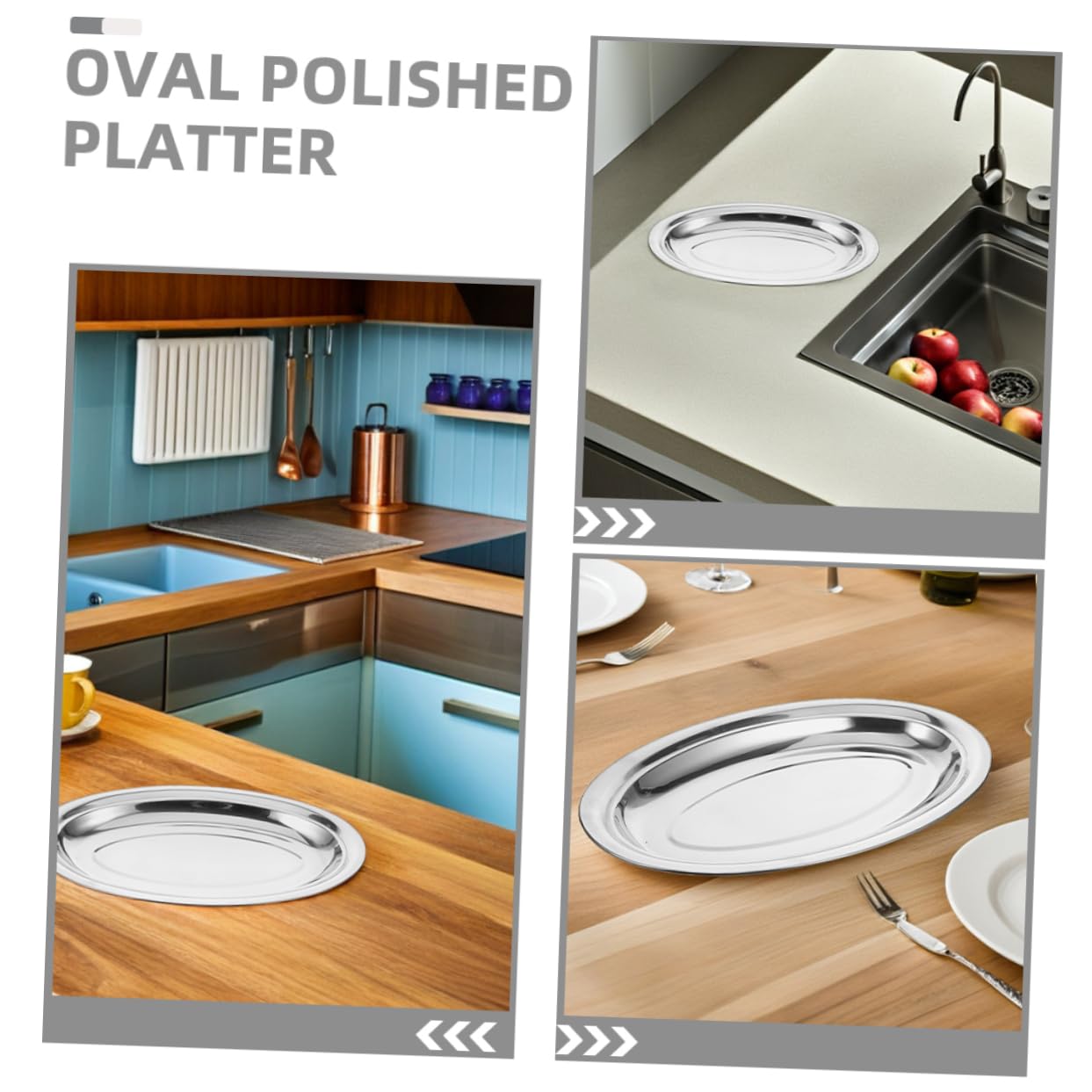 Plato para Servir Pescado Ovalado de Acero Inoxidable, 6 Piezas, 35 Cm | Platos Planos Grandes de Acero Inoxidable, Bandeja Ovalada para Servir Alimentos, Acabado Pulido