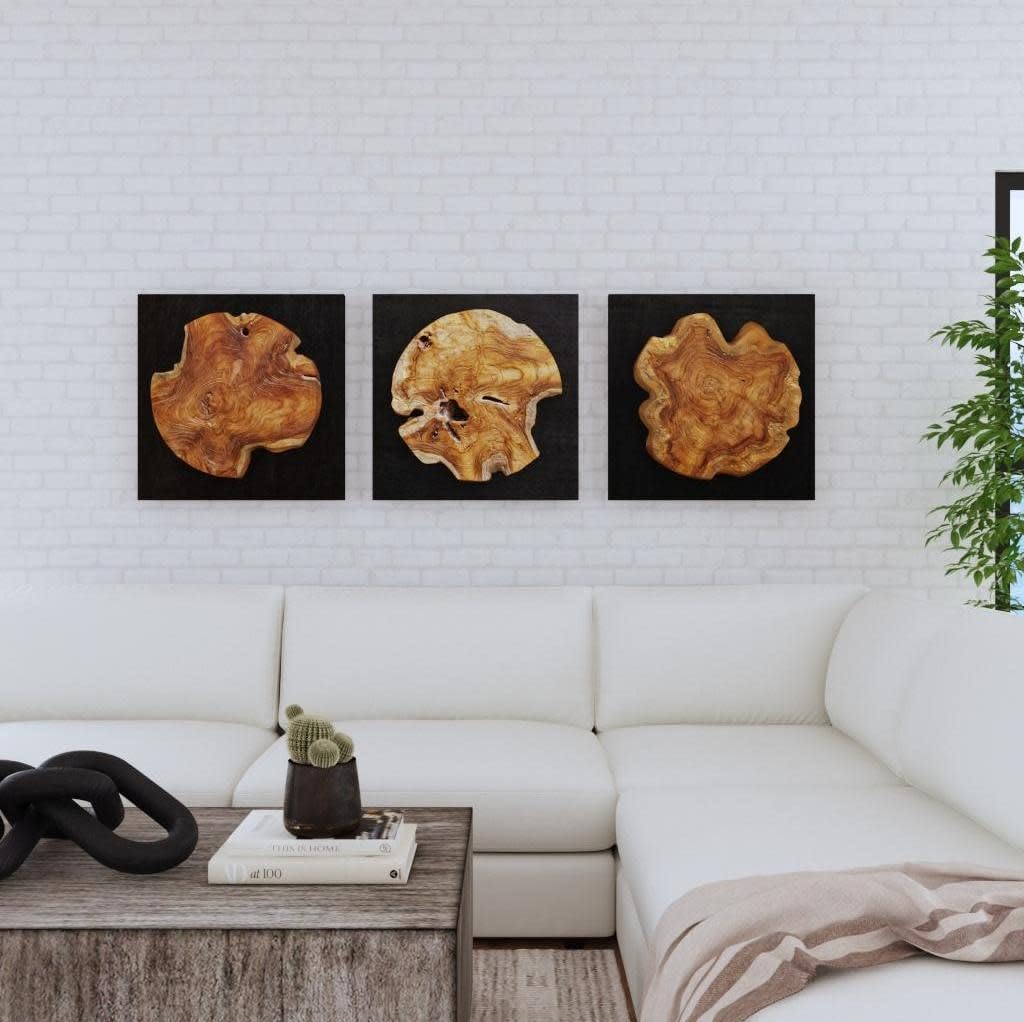 Pemberly Row Teak Wood Wall Decor, Set of 3, Black/Woodtone Finish, 20"x20"x2.5", Mahogany Teak Panels, Contemporary Style Wall Art for Living Room, Bedroom or Office