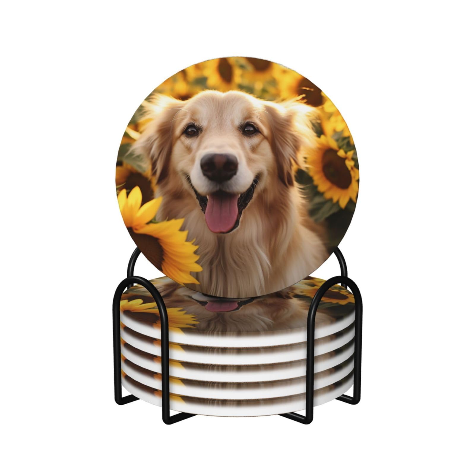 6Pcs Ceramics Coaster for Drinks, Dog and Sunflower Cup Coasters with Holder, Aesthetic Drink Coasters for Coffee Table, Absorbent Round Coaster for Tabletop Protection 4" Cup Mat Pad