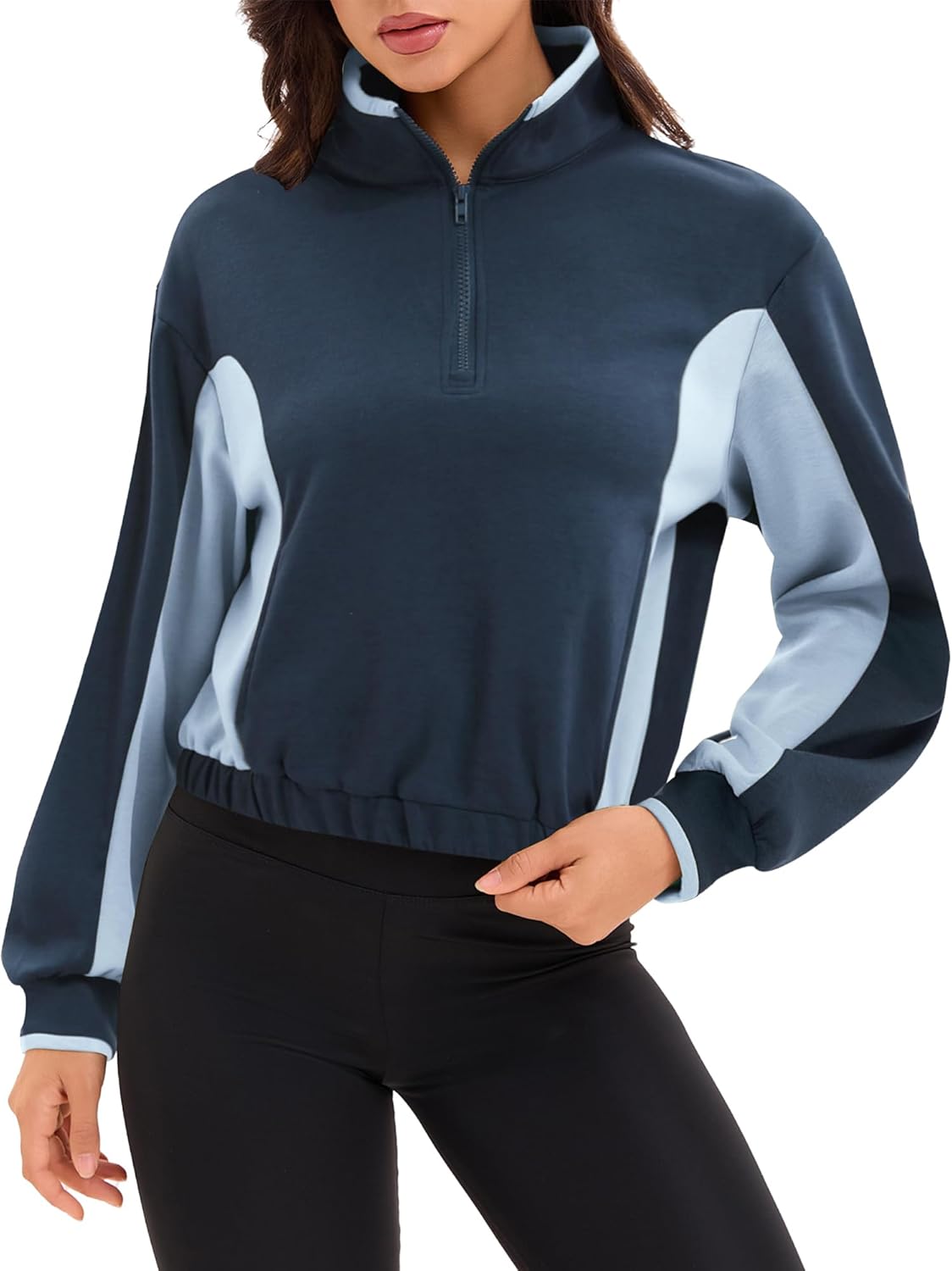 ONFERS Womens Quarter Zip Pullover Cropped Sweatshirts Color Block Tops Workout Spring Fall Outfits with Pockets