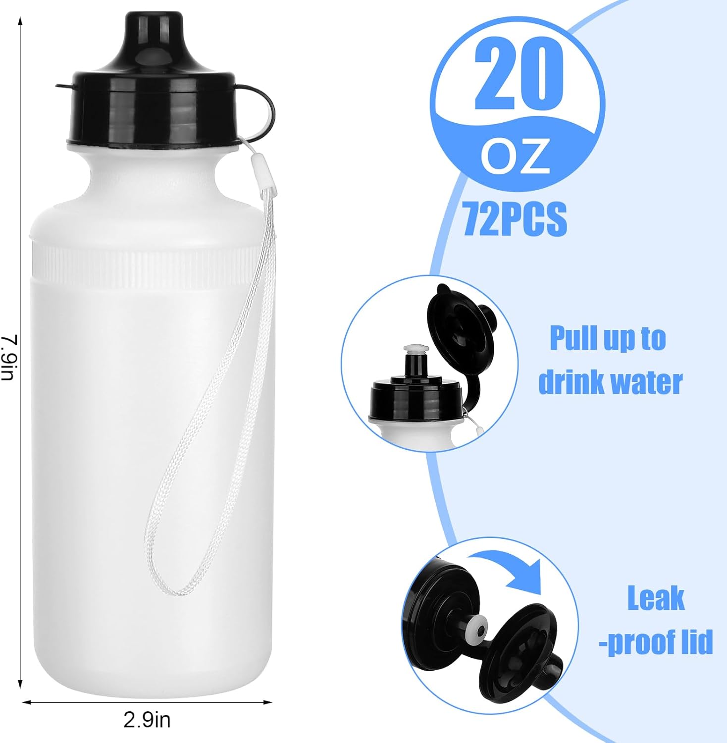 72 Pcs Sports Water Bottles Bulk 20 oz Squeeze Reusable Plastic Water Bottles with Nylon Strap Leak Proof Blank DIY Cups for Summer Travel Hiking Cycling Sport Event Team Gifts - Image 2