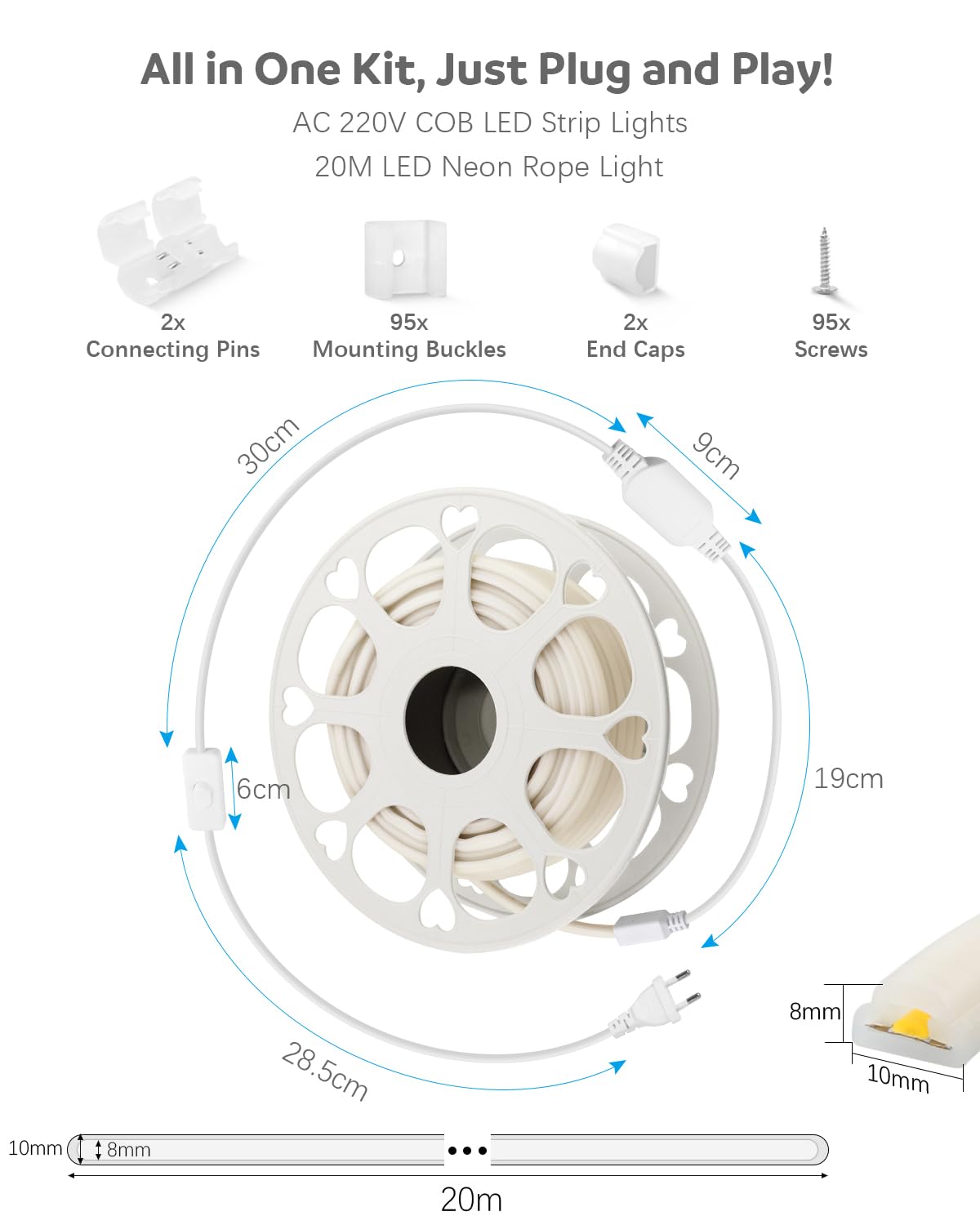 ALITOVE Striscia LED 20 m, per esterni, impermeabile, COB LED, luce bianca calda, 3000 K, 230 V, collegamento diretto con interruttore per camera da letto, giardino, terrazza, illuminazione fai da te