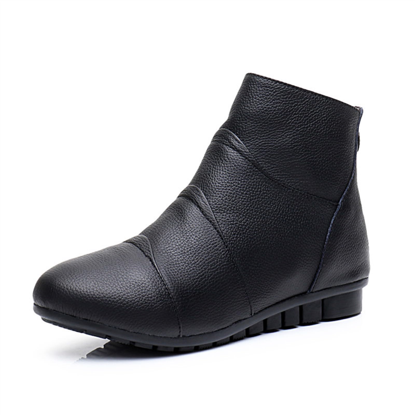 Womens Leather Wedge Heel Winter Ankle Boots with Back Zipper Round Toe Fur Lined Booties for Fall Winter