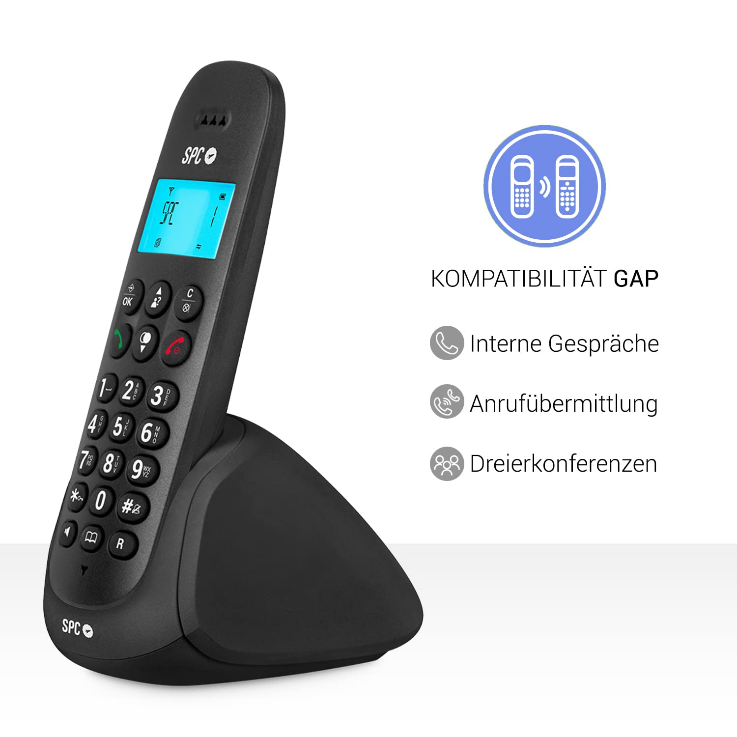 SPC Art – Schnurloses Festnetztelefon mit beleuchtetem Display, Anrufer-ID, Freisprecheinrichtung, Telefonbuch, Stumm-Modus, Gap-Kompatibilität und ECO-Modus - Schwarz