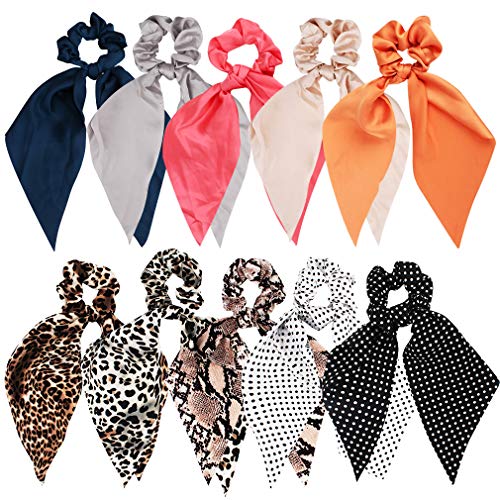 Scarf Scrunchies for Hair, 10Pcs Ribbon Hair Scrunchies, Long Scrunchies with Tail Scarf, Hair Accessories for Women, Hair Stuff for Women, Scarves Ponytail Holder Hair Ties with Bow, Bowknot Scrunchies