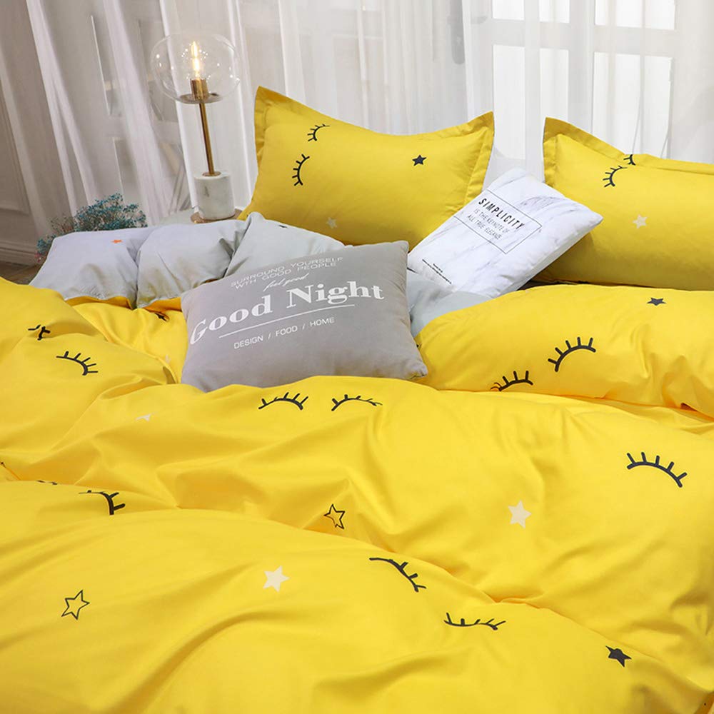 3Pcs Yelllow Cartoon Eyelashes Printed Bedding Set for Kids Girls and Boys,Women Modern Lovely Breathable Comforter Cover,Including 1 Duvet Cover 2 Pillow Shams,NO Sheet,Queen