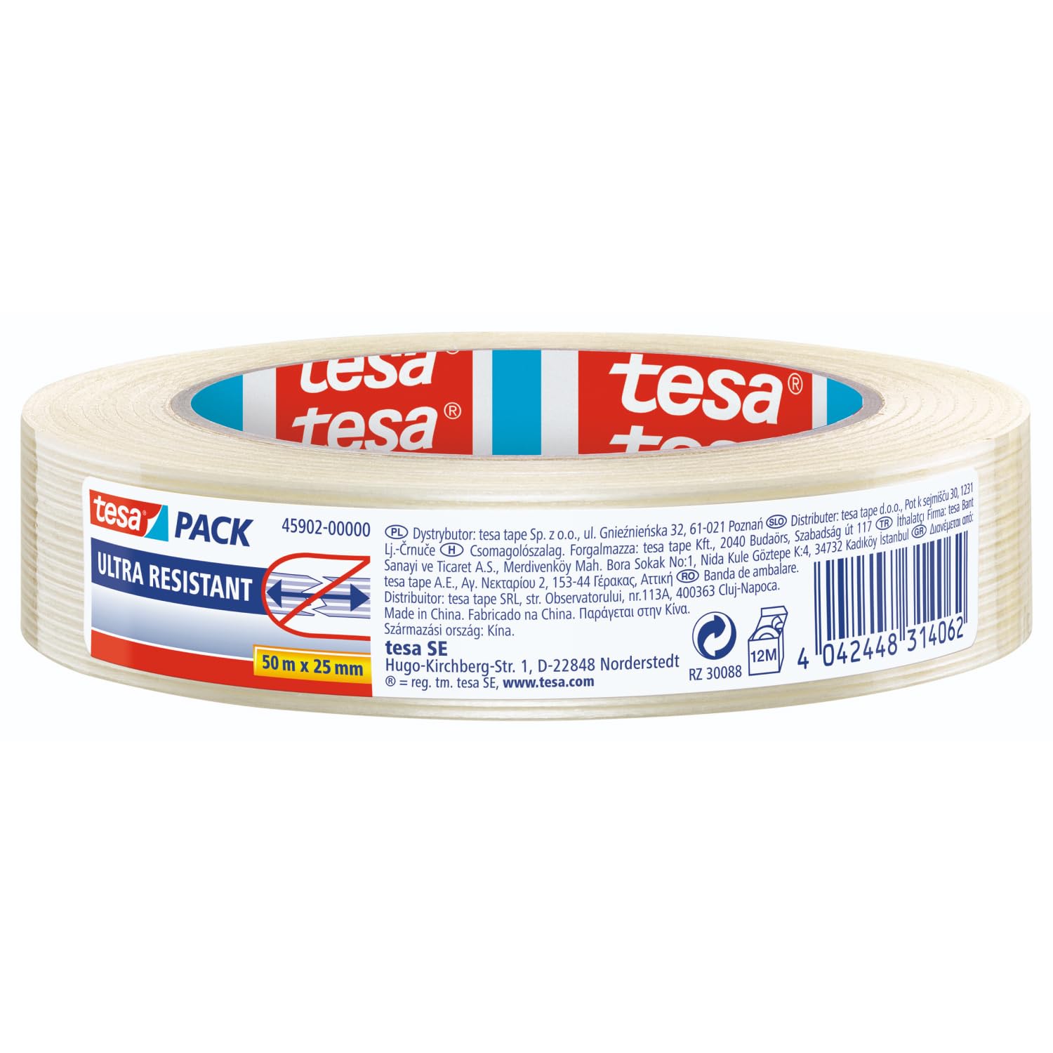 tesa Pack Mono-Filament Adhesive Packaging Tape - Highly Resistant Adhesive for Packaging Shipping Boxes and Heavy Cartons up to 30 kg - 50 m x 25 mm - Transparent