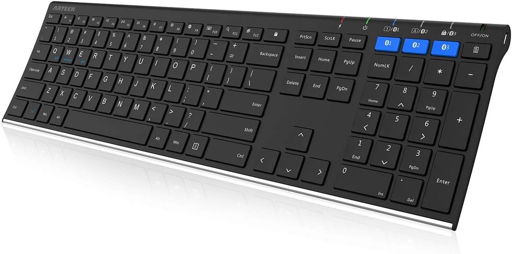 Arteck Universal Bluetooth Keyboard Multi-Device Stainless Steel Full Size Wireless Keyboard for Windows, iOS, Android, Computer Desktop Laptop Surface Tablet Smartphone Built in Rechargeable Battery