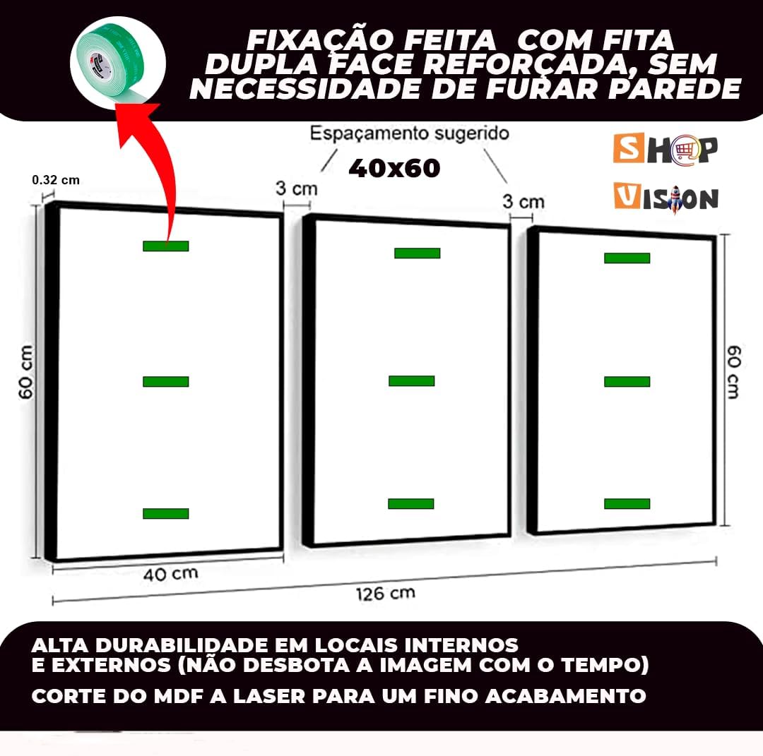 Quadro Decorativo 3 Peças Dourado Floral Branco Ouro Gold Sala Quarto Fácil Fixação com Fita Dupla Face