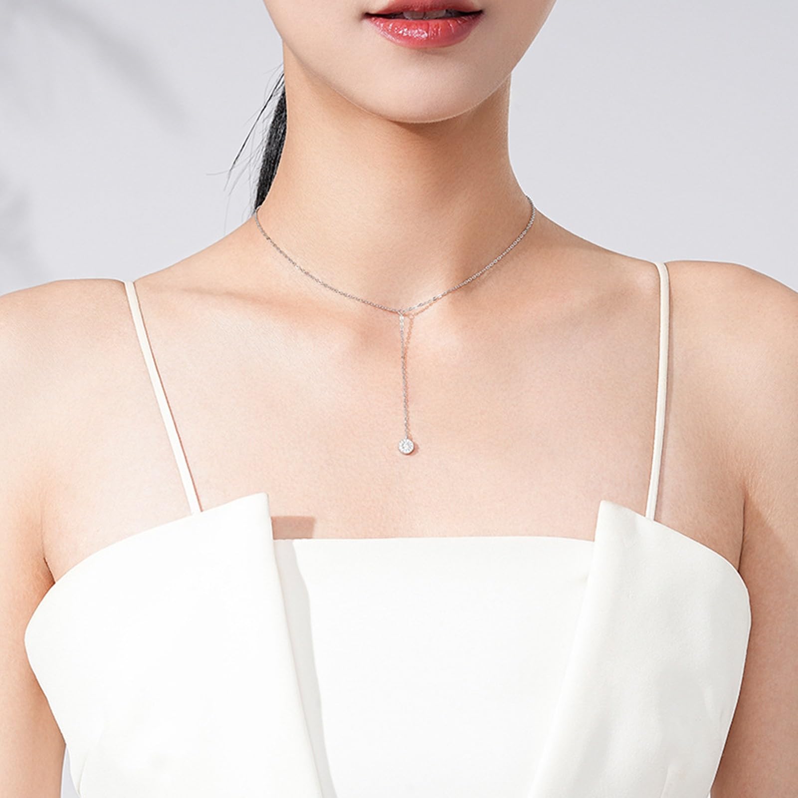 Collar para mujer, joyería de moda, collar de cadena en Y de oro blanco de 9K/14K/18K con colgante redondo de moissanita, cadena alargada: 40+5cm