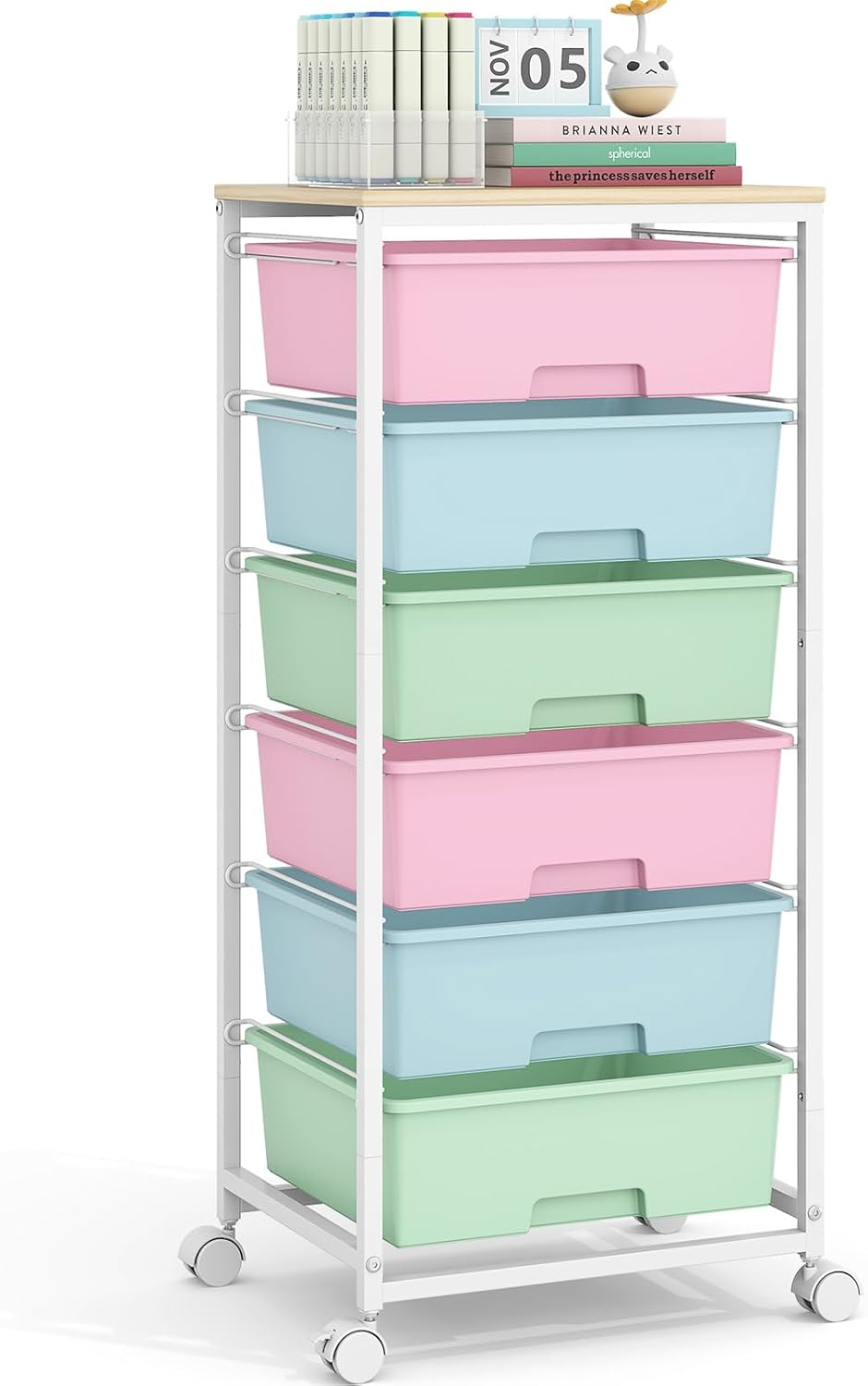 Rolling Storage Cart with 6 Drawers and Wooden Tabletop, Lockable Wheels Utility Cart for Art Studios, Office Supplies & Craft Room Organization (Rainbow)