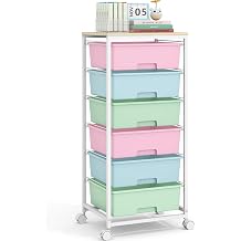 6 Drawer Rolling Storage Cart with Wooden Top and Wheels for Craft Rainbow