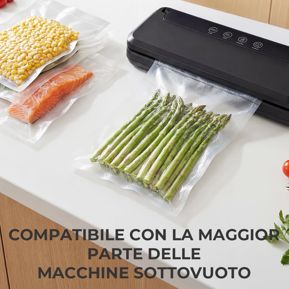 Sacchetti Sottovuoto Alimenti 6 Rotoli 20/28x600cm, Goffrato Sacchetti Sottovuoto per Macchina Sottovuoto e Cottura Sous Vide, Senza BPA
