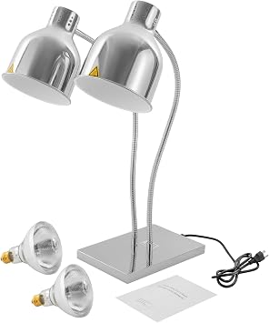 Food Heat Lamp, 500W Commercial Food Warmer Lamp with Dual Heads & Flexible Arm, Electric Portable Infrared Heating Lamp with 360Adjustable Head for Restaurant Kitchen Buffet Table Silver