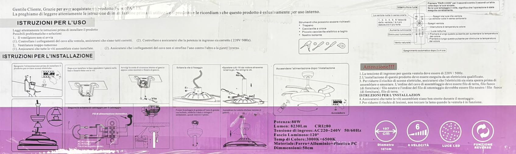 Lampadario Ventilatore da Soffitto CON PALE A SCOMPARSA Ø50 cm, Bianco luce CCT - Caldo/Freddo/Naturale,- in ABS, con 3 Pale, 85W LED (SJ-201)